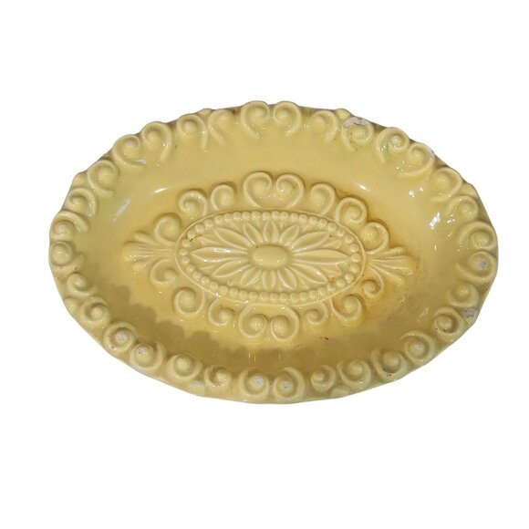 yellow Ornate Oval Footed Regency Glam Ceramic Soap Dish Trinket Tray - Picture 5 of 11